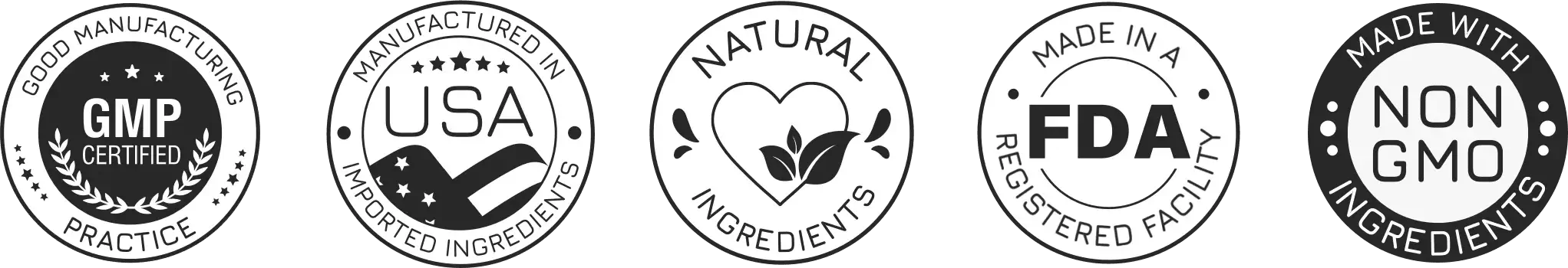 NervoVive certifications: GMP Certified, Made in USA, Natural Ingredients, FDA Registered Facility, Non-GMO