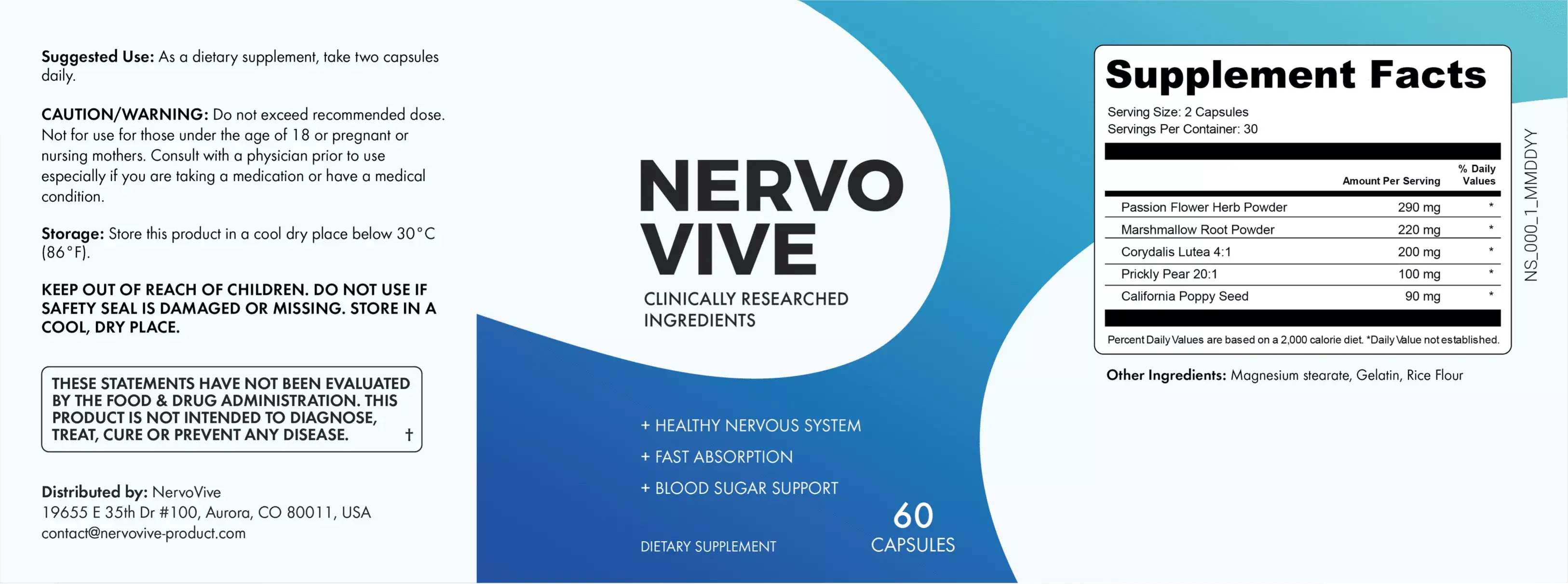 NervoVive supplement facts label